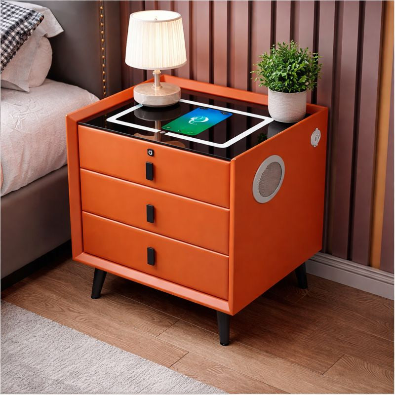 Noptiera inteligenta cu incarcare wireless, iluminare LED, 3 sertare, port USB si port Type-C, difuzor Bluetooth si inchidere prin amprenta – culoare portocalie, design modern din sticla si lemn