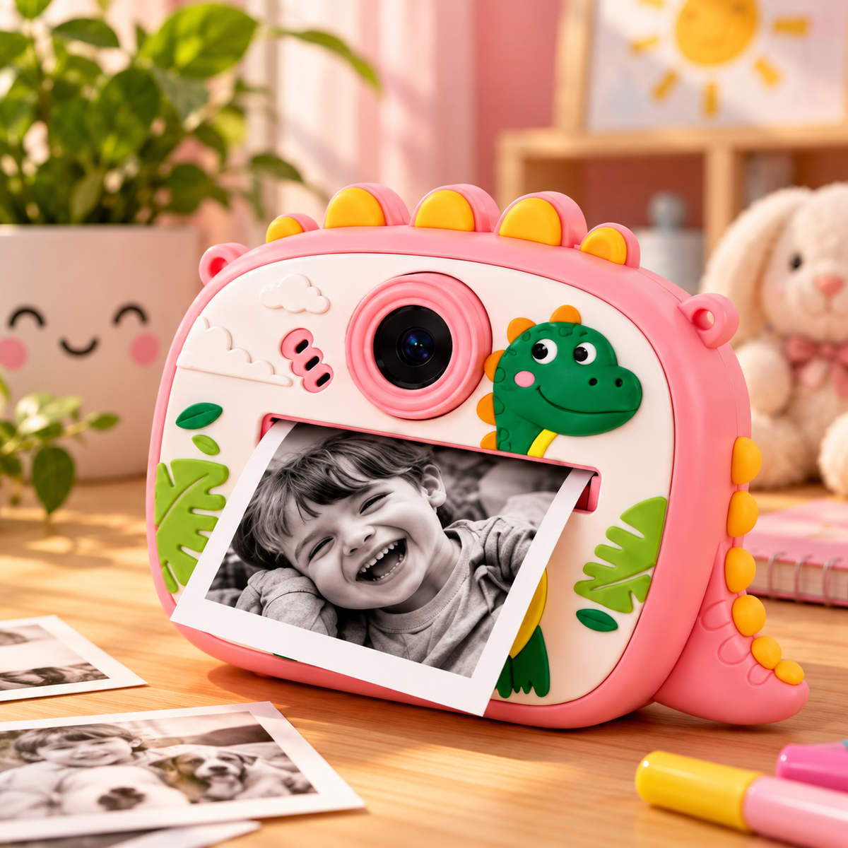 Aparat Foto Instant pentru Copii Model Dinozaur Roz cu Imprimare Foto - detaliu produs