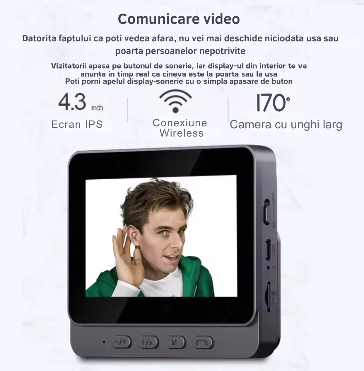 Sonerie video inteligenta Wireless, Ecran IPS 4.3 inch, Night Vision, Senzor IR, Interfon Video HD, 8MP, comunicare bidirectionala, unghi de vizualizare 170°, baterii incorporate, Negru