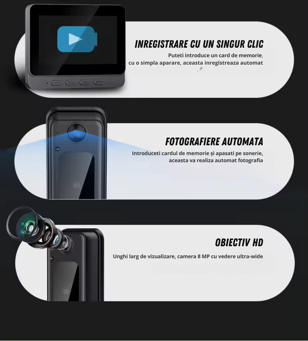 Sonerie video inteligenta Wireless, Ecran IPS 4.3 inch, Night Vision, Senzor IR, Interfon Video HD, 8MP, comunicare bidirectionala, unghi de vizualizare 170°, baterii incorporate, Negru