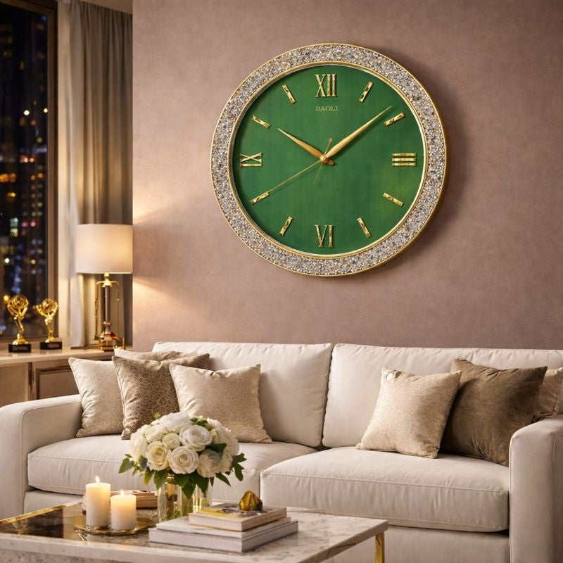 Ceas de perete decorativ cu pietricele stralucitoare si cifre romane aurii, 40cm