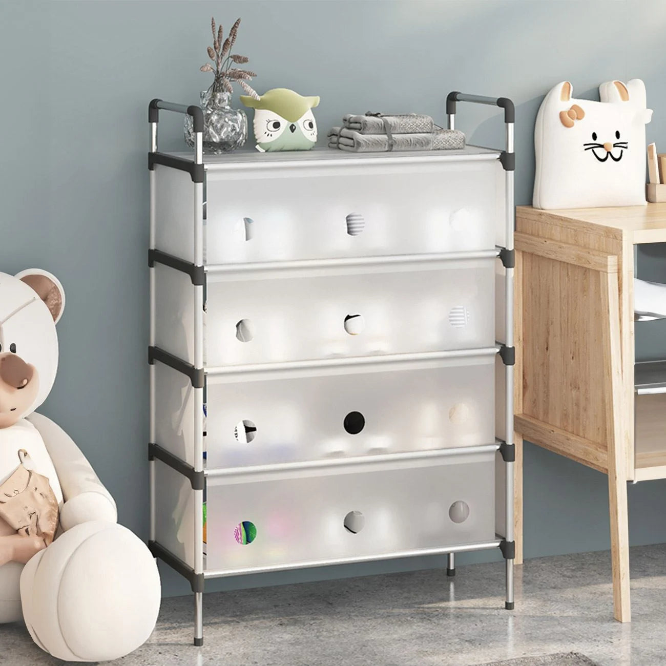 Raft pliabil pentru pantofi cu 4 Niveluri, design modern, stabil și multifuncțional – Alb, 66x29x110 cm