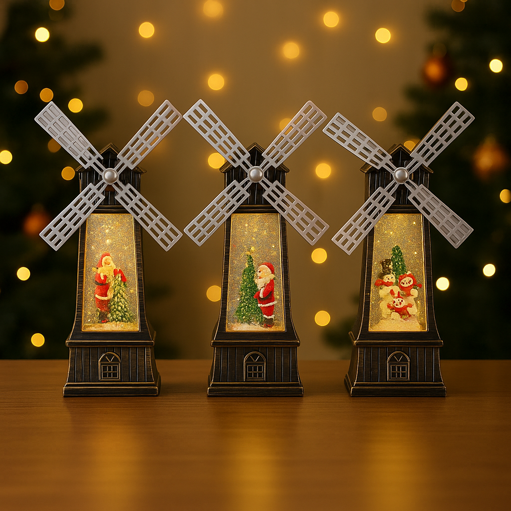 Decoratiune Craciun, Figurina Moara de Vant cu Mos Craciun, functie muzicala, zapada in miscare, cu baterii, Negru/Auriu, 3 Modele