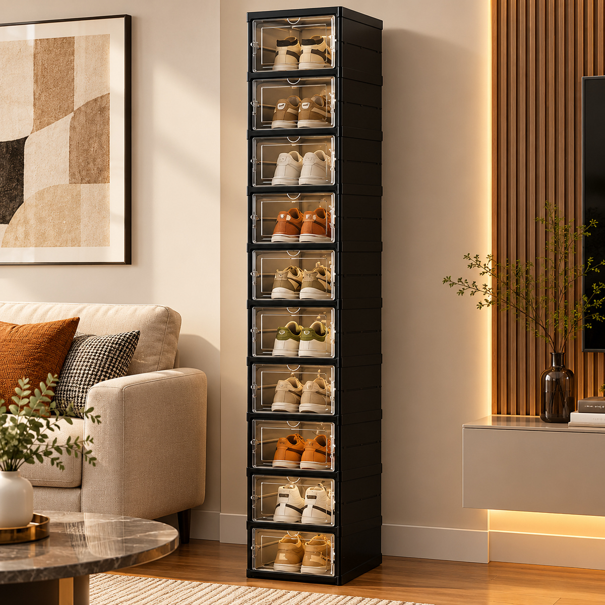 Dulap pentru Pantofi cu 10 Rafturi și Uși Transparente, Organizator Încălțăminte Vertical, Negru, 26 x 35 x 174 cm - detaliu produs