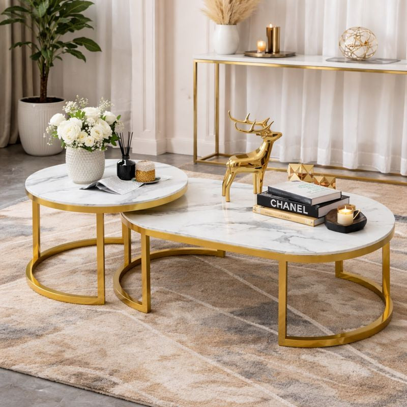 Set 2 Mese Cafea, Design Modern Minimalist, Blat Alb Efect Marmura, Cadru Metalic Auriu