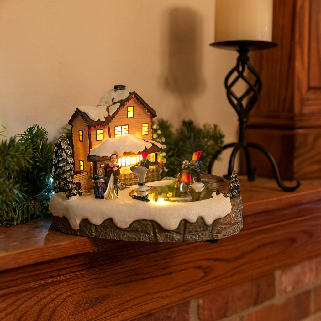Decoratiune Craciun cu Casuta Luminata si patinatori – platforma rotativa iluminata si melodii de Craciun