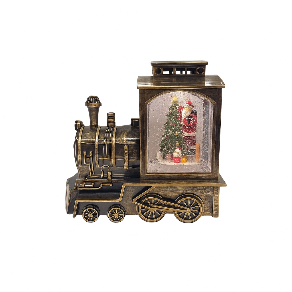 Tren Locomotiva Decorativa, Glob Craciun cu Mos Craciun, Bradut si Ninsoare, Functie Muzicala, Iluminare LED, Unibox