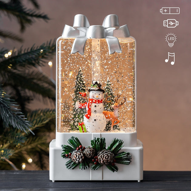 Lampa decorativa Craciun cu lumina si muzica Mos Craciun sau Om de zapada „Fundita festiva”, 18 cm