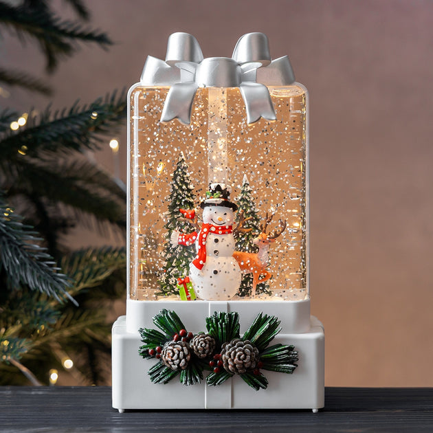 Lampa decorativa Craciun cu lumina si muzica Mos Craciun sau Om de zapada „Fundita festiva”, 18 cm