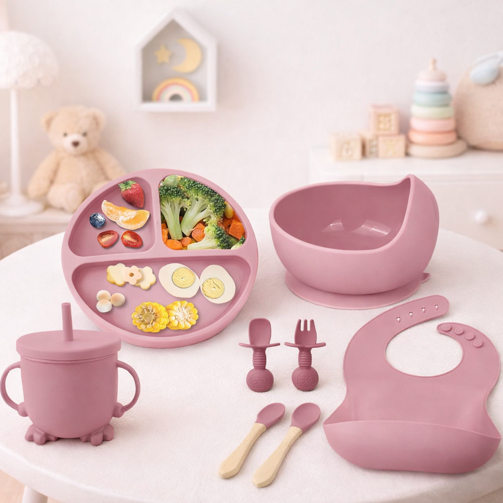 Set hranire bebelusi 8 piese, termorezistente, silicon, fara BPA, pliabile, usor de curatat