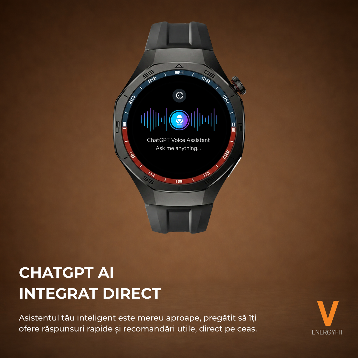 Ceas Smartwatch ENERGYFIT, Ecran AMOLED 1.43", Apel Bluetooth, ChatGPT AI, Notificari Romana, Fitness, Sport, Rezistent Apa 5ATM, Incarcare Wireless, 2 Curele, Negru