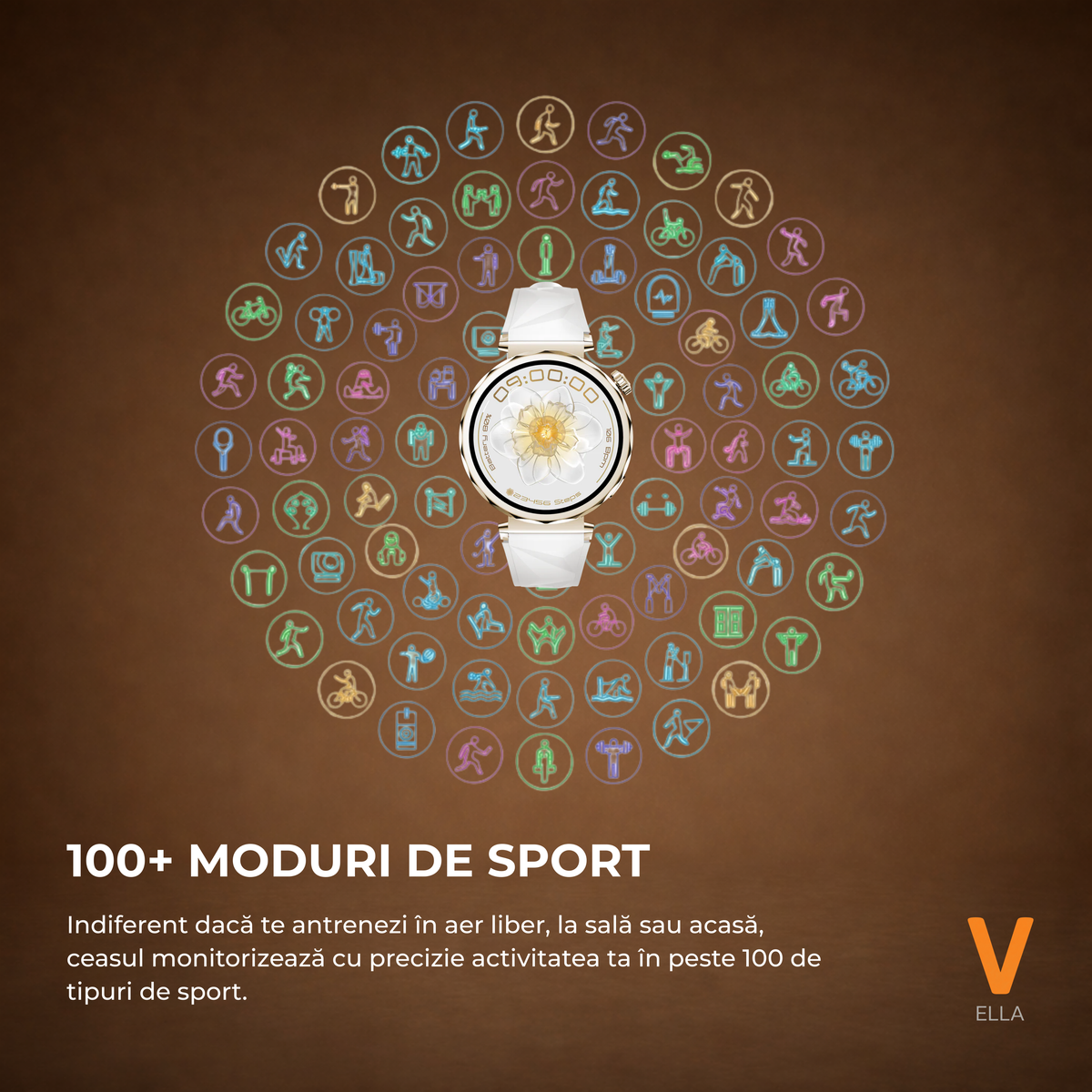 Ceas Smartwatch Dama ELLA Vivendo®, Ecran AMOLED 1.32", Fitness, Apel Bluetooth, Notificari Limba Romana, Asistent Vocal & ChatGPT AI, Incarcare Wireless, Rezistent Apa IP68, 2 Curele Incluse