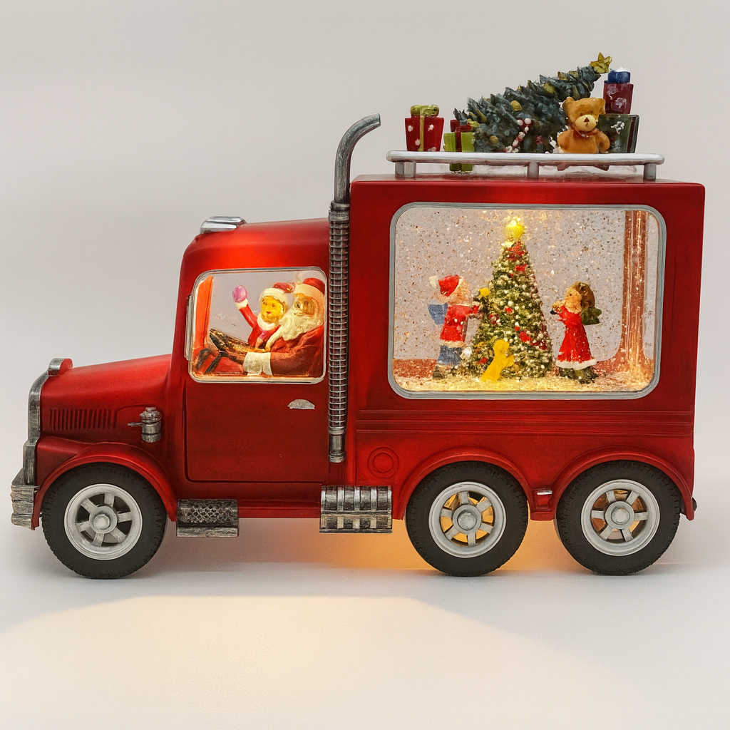 Decoratiune Craciun Camion Muzical cu Lichid si Sclipici, Iluminare LED si Scene 3D – 24.5 cm