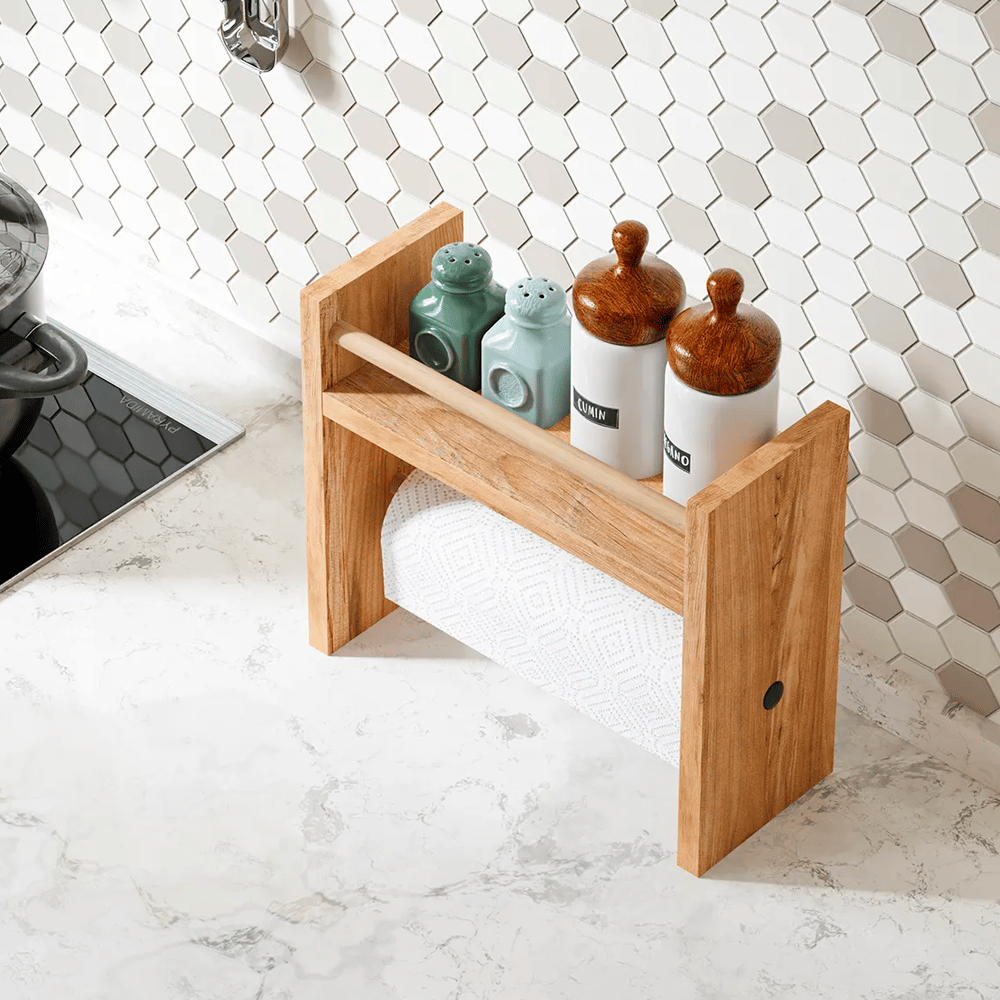 Raft lemn bucatarie 2 in 1 cu suport prosop hartie, organizator condimente, 30x13.5x29 cm