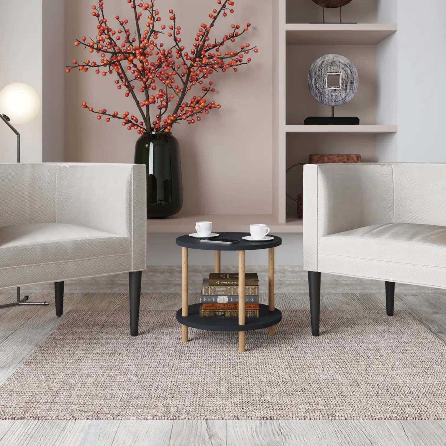 Masuta Cafea Rotunda Lemn Picioare Metalice Design Modern Gri Antracit - detaliu produs