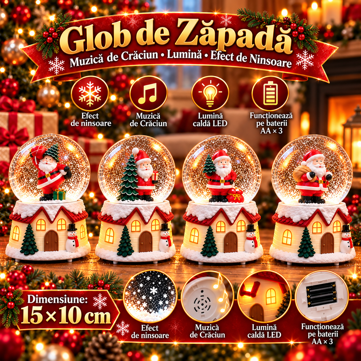 Glob de Zăpadă de Crăciun Premium cu Moș Crăciun, Muzică, Lumină LED și Efect de Ninsoare – 15 × 10 cm - detaliu produs