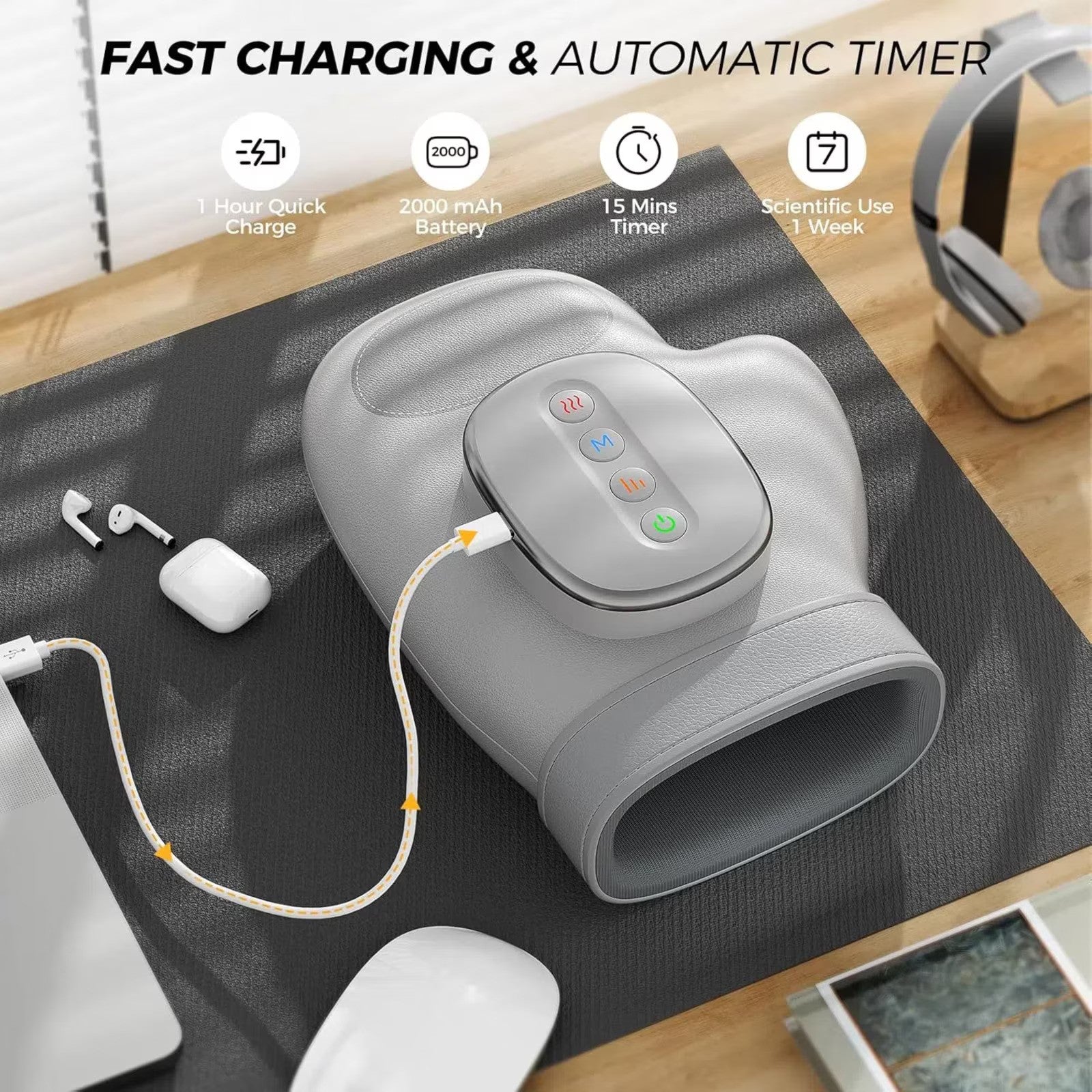 Aparat de Masaj pentru Maini Comprimare Termica Shiatsu 13 Pernite Aer USB-C Alb/Gri - detaliu produs