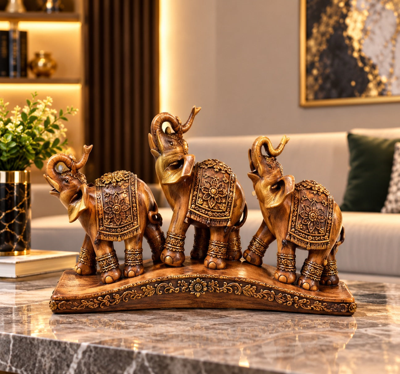 Statuetă Decorativă Premium cu 3 Elefanți, Design Oriental, Finisaj Bronz-Auriu, din Rășină – 27 × 13 cm - detaliu produs
