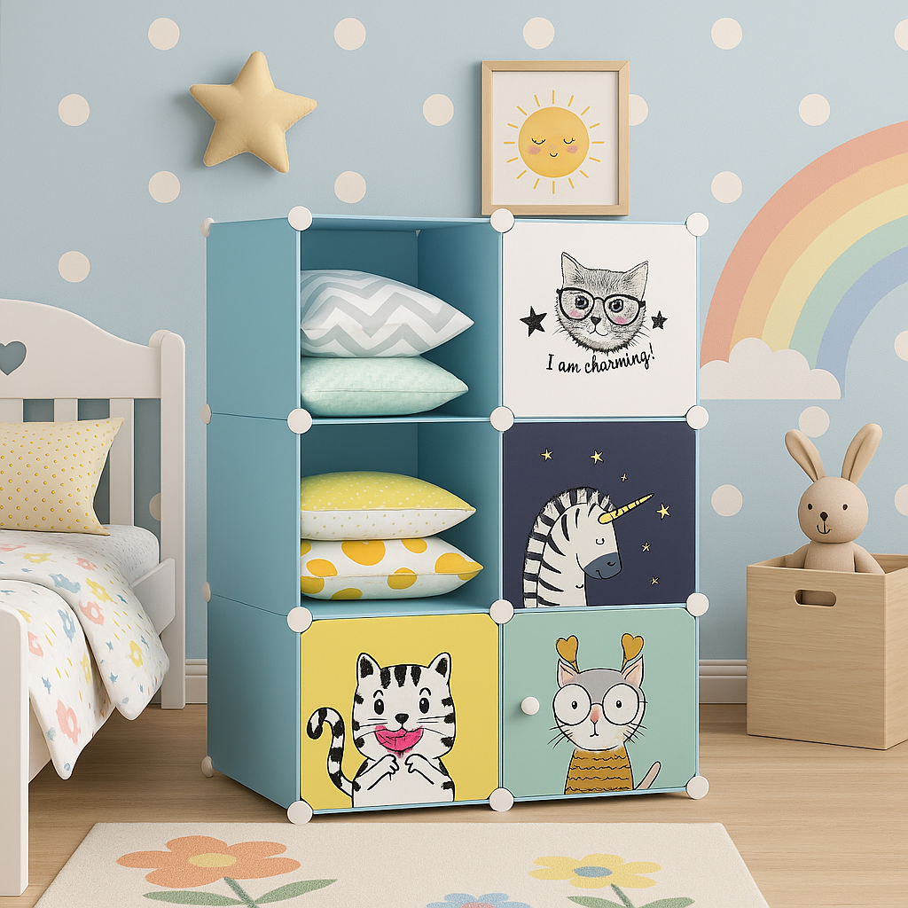 Dulap modular pentru copii, Alb/Albastru, 6 rafturi, durabil, 110cm x 74cm x 37cm