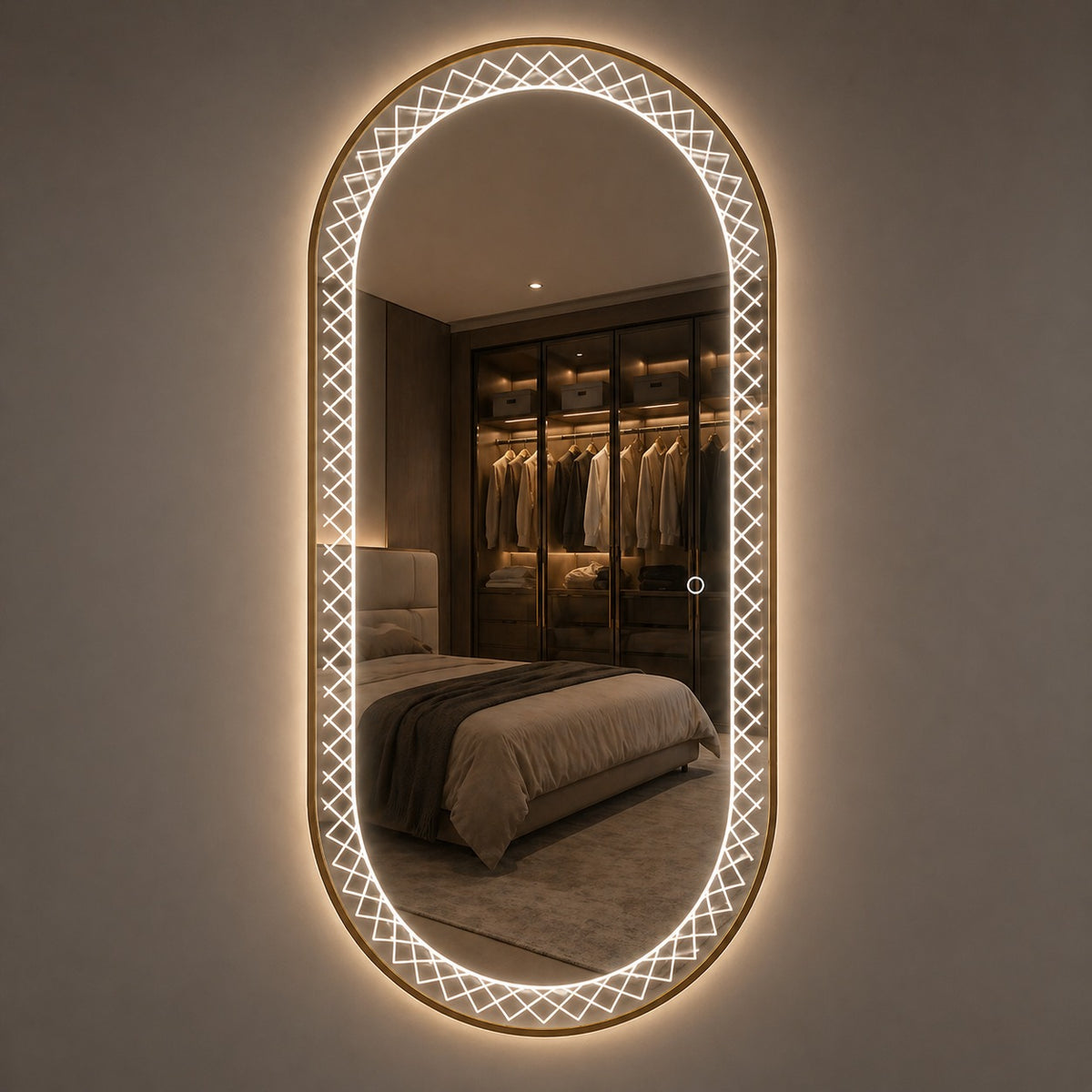 Oglinda LED Premium 120x70 cm Ovala Iluminare Ambientala 3 Culori Touch Design Elegant cu Model Decorativ