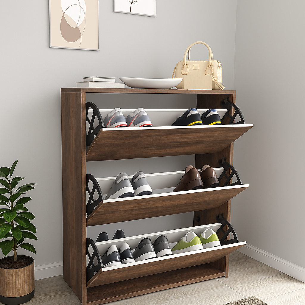 Pantofar cu usa rabatabila si rafturi glisante, 3 compartimente, PAL melaminat de 18 mm, 110  x 73,5  x 22 cm