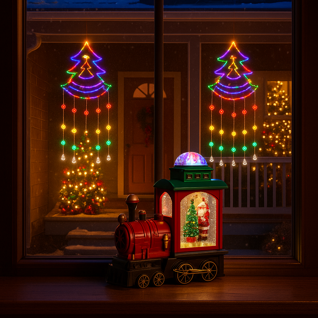 Tren locomotiva decorativa de Craciun cu Mos Craciun, bradut, efect ninsoare, lumini LED si functie muzicala