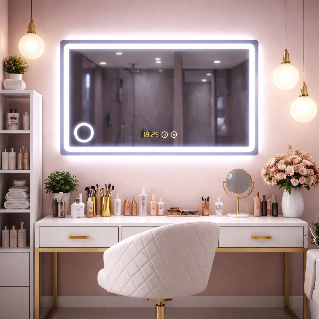 RESIGILAT - Oglinda LED premium, 90x70 cm, iluminare reglabila, lupa, touch, dezaburire, ceas