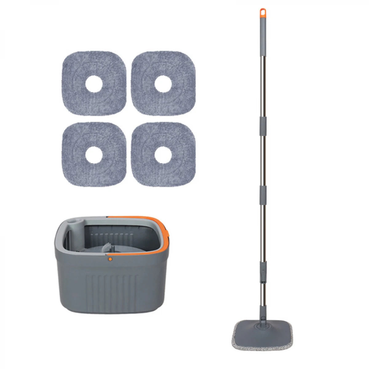 Set mop rotativ 360° cu galeata centrifuga, separare apa curata de apa murdara, sistem evacuare apa, 4 rezerve, gri