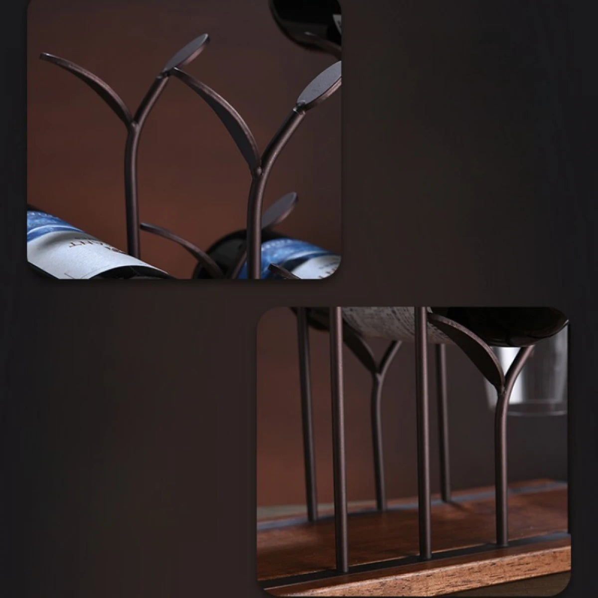 Suport pentru 6 sticle de vin, design modern, lemn natural si otel, 32.5 x 16 x 30 cm