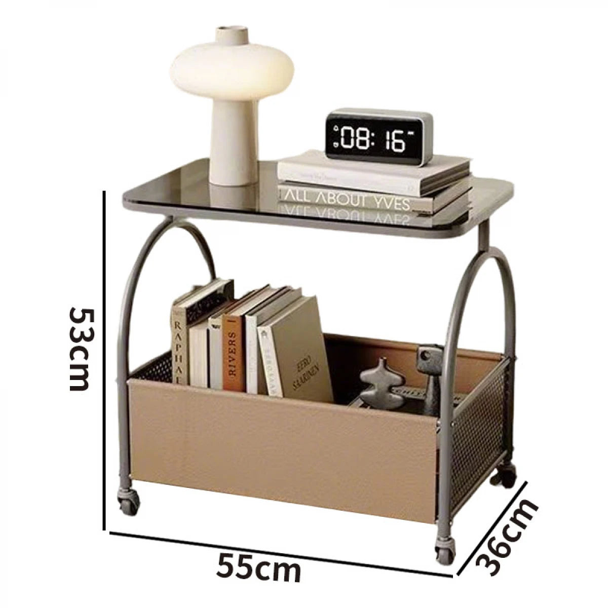 Masuta portabila cu compartiment pentru depozitare, blat din sticla, cadru metalic, 53 x 55 x 36 cm