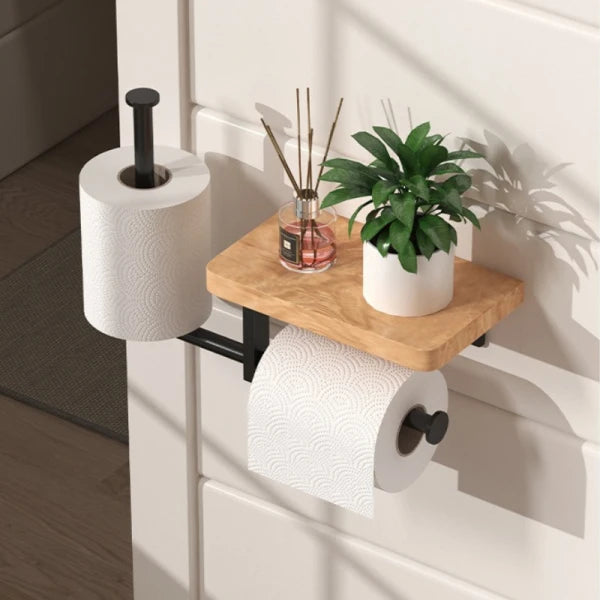 Suport multifunctional pentru hartia igienica din otel si lemn, 2 moduri de montare, negru