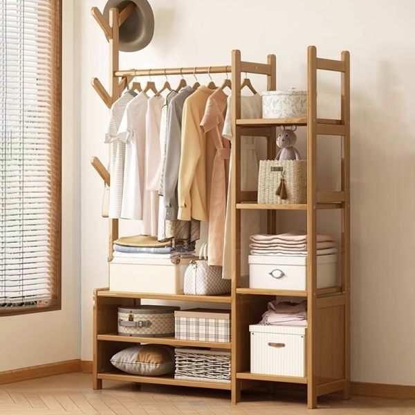 Cuier din bambus cu bară pentru haine și polițe de depozitare – design modern, 170x80x37 cm