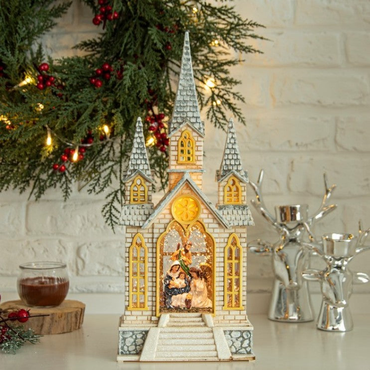 Decoratiune de Craciun Felinar Led Biserica Nasterea Domnului Muzical XL 41cm - imagine principala