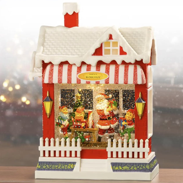 Decoratiune Craciun premium, scena Mos Craciun si spiridusi cu sclipici si muzica