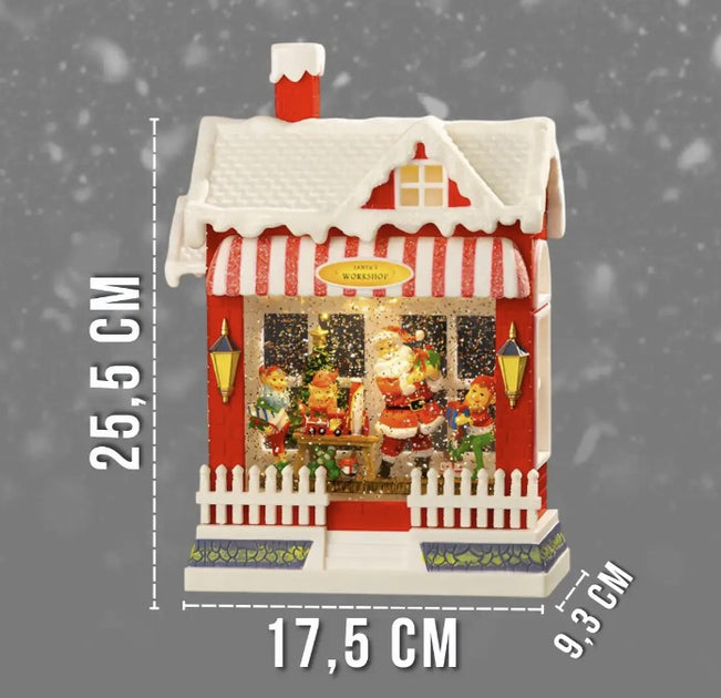 Decoratiune Craciun premium, scena Mos Craciun si spiridusi cu sclipici si muzica