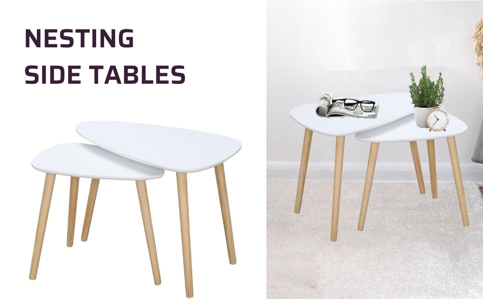 Set 2 masute de cafea stil nordic, design modern, MDF si lemn , alb si natural