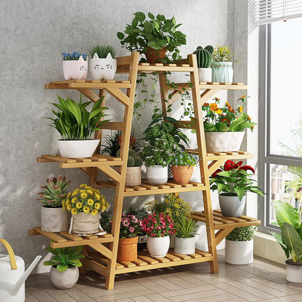 Raft pentru Plante din Lemn Bambus 5 Niveluri 100x50x150cm Suport Ghiveci - detaliu produs