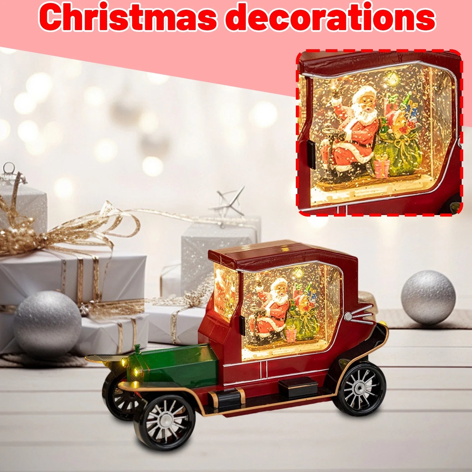 Decoratiune  Craciun tip masina de epoca cu Mos Craciun si cadouri, functie muzicala, zapada in miscare, 6x27 cm16x27cm
