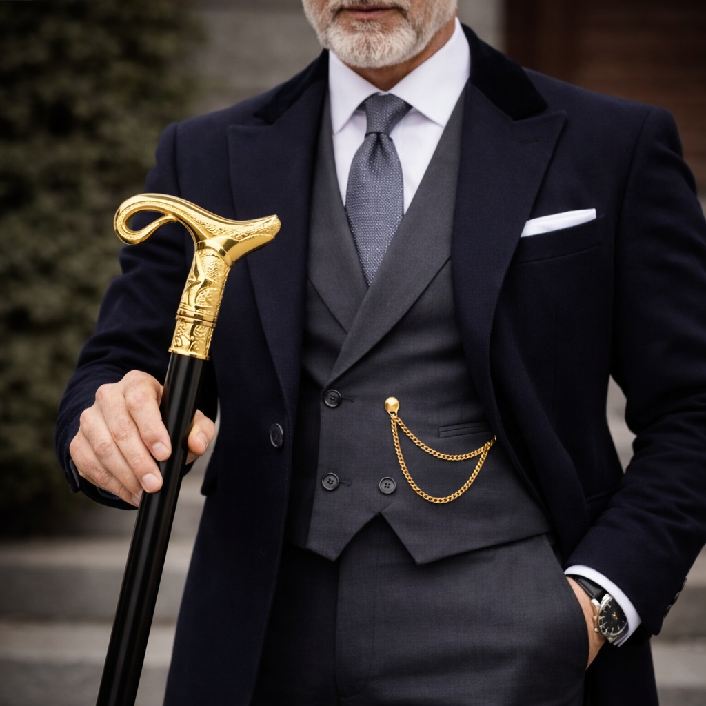 Baston de mers la moda cu maner auriu sculptat, design clasic premium, negru cu auriu, 93 CM