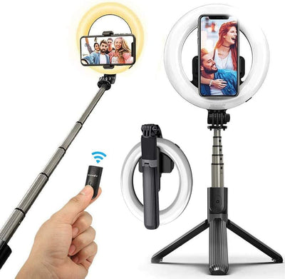Inel trepied Selfie Stick Bluetooth L07, portabil, LED 5 inch, 90 cm