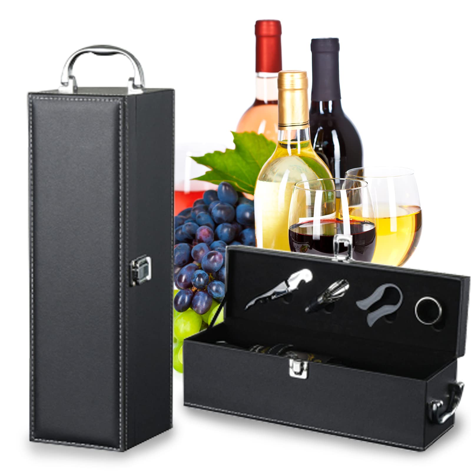 Set Cadou Cutie din Lemn pentru Sticla de Vin cu Accesorii – Elegant si Premium