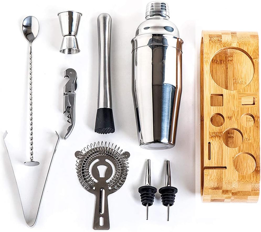 Set de Barman pentru Bauturi, suport din Bambus, Shaker Cobbler 550 ml, 10 Piese, Otel Inoxidabil, Argintiu