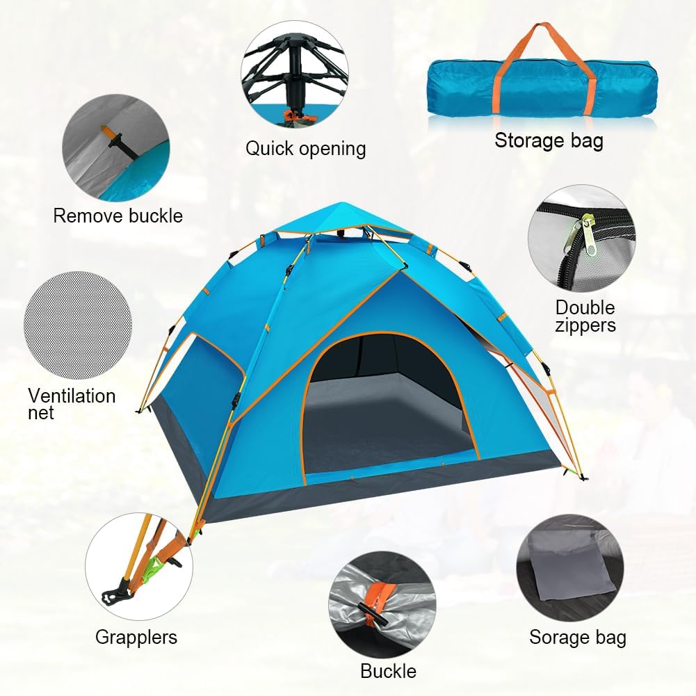 Cort camping 3-4 persoane cu deschidere automata pop-up, impermeabil, protectie UV, 2 usi