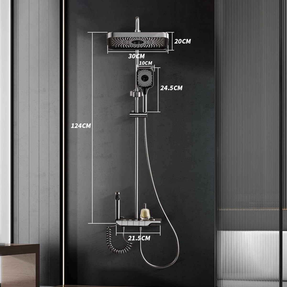 Set Coloana Dus Premium, Alama Cupru, 4 Functii, Butoane Piano, Gri Grafit, Tip Ploaie