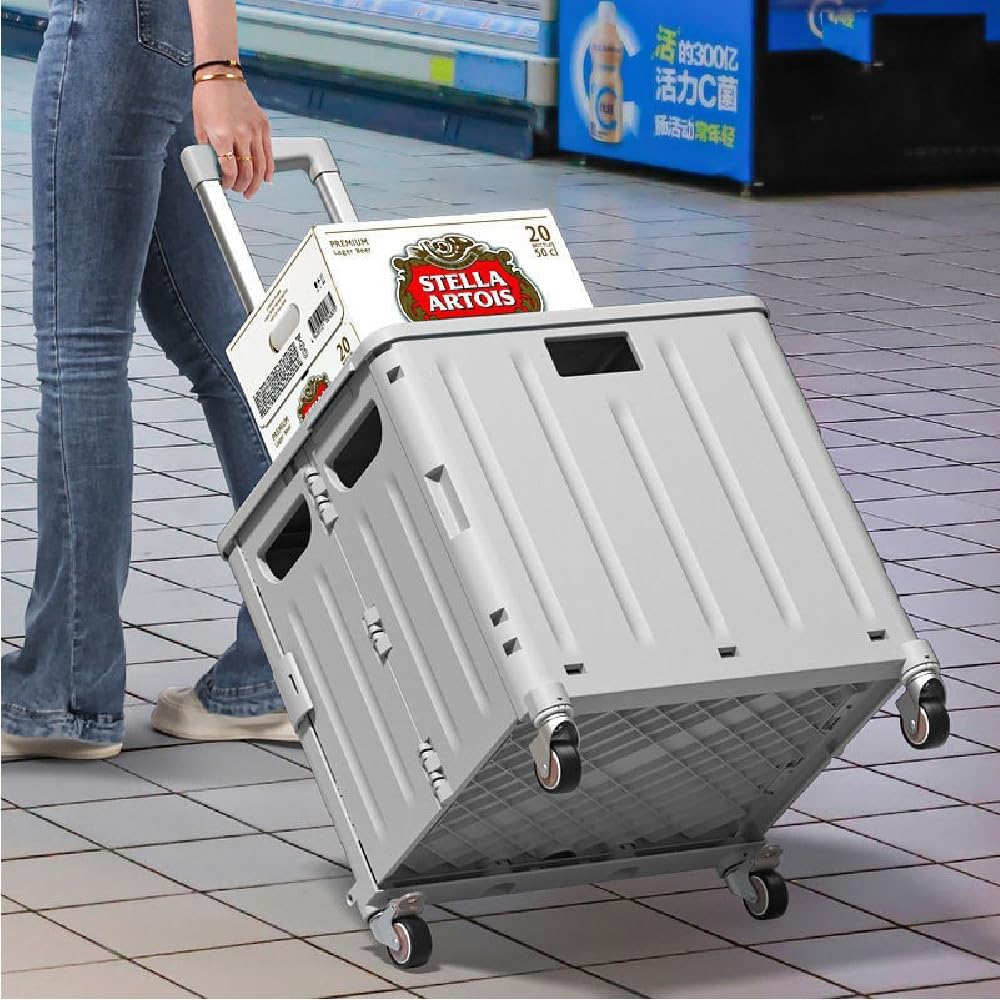 Carucior de cumparaturi pliabil 30L cu maner telescopic și roti, 39x35x48cm, Alb