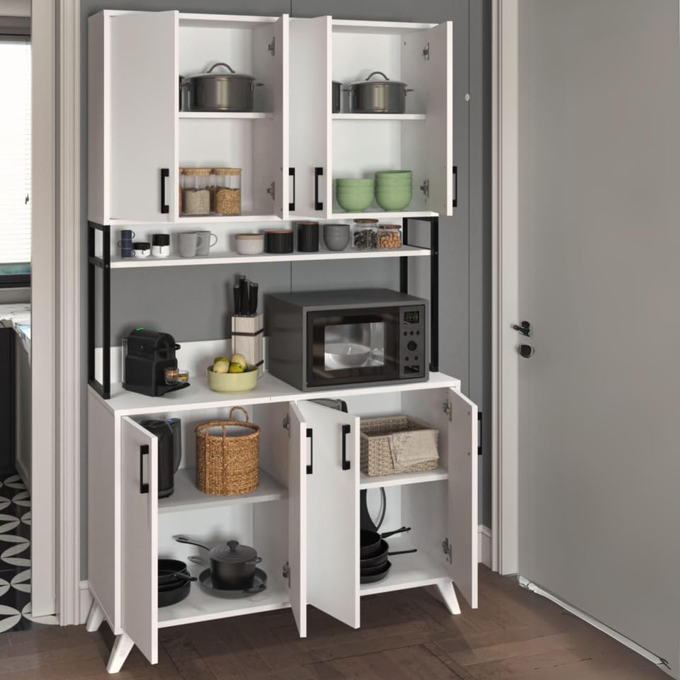 Dulap multifuncțional cu 8 uși, 120x40x202 cm, alb, cu structură metalică rezistentă