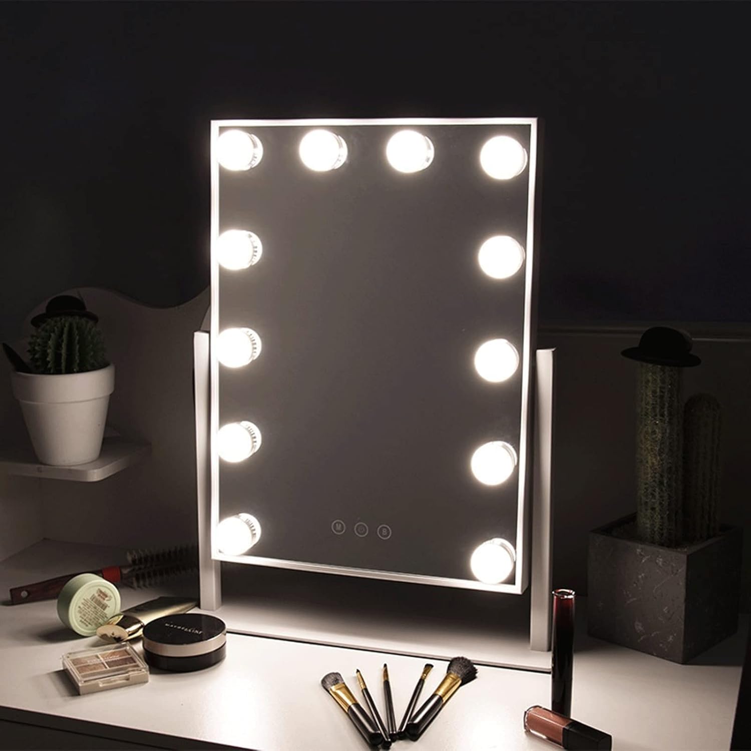 Oglinda machiaj profesionala cu suport metalic, Smart Touch, 9 becuri LED si 3 moduri de iluminare, 26 x 31cm