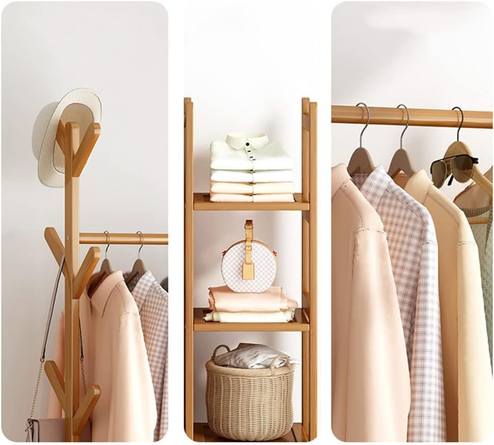 Cuier din bambus cu bară pentru haine și polițe de depozitare – design modern, 170x80x37 cm