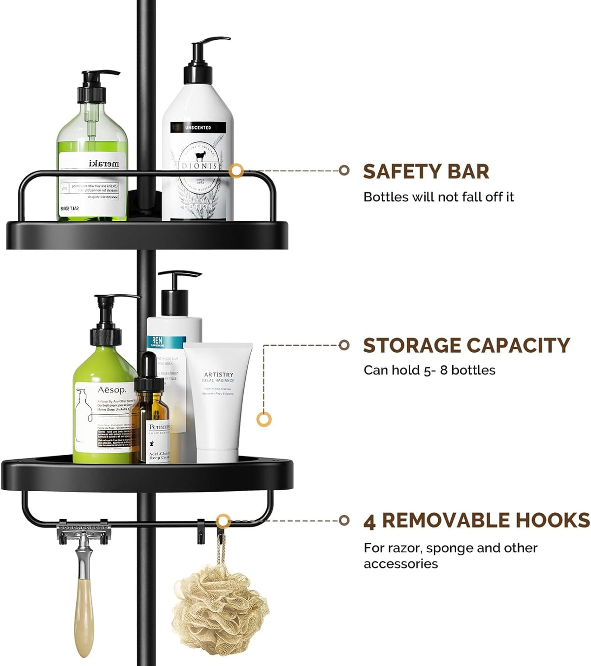 Etajera colt pentru baie si dus, 4 sau 5 rafturi, inaltime reglabila 320 cm, montare pe colt