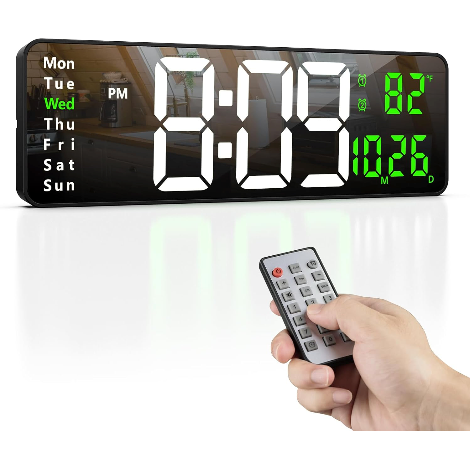 Ceas Digital de Perete cu Afișaj LED Mare 38.7cm – Dată, Temperatură, Alarmă, Ziua Săptămânii, Telecomandă Inclusă